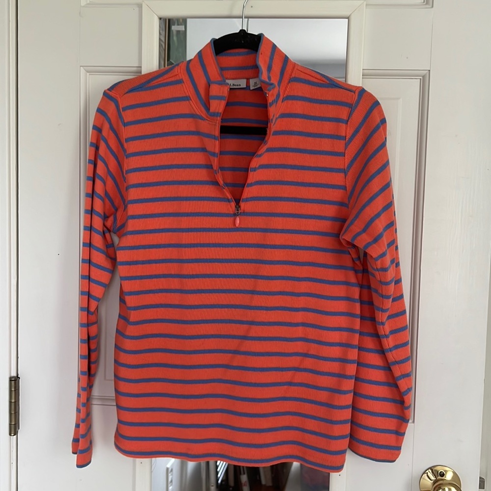 LL Bean - orange and blue stripe quarter zip - 100% cotton - Made in Peru